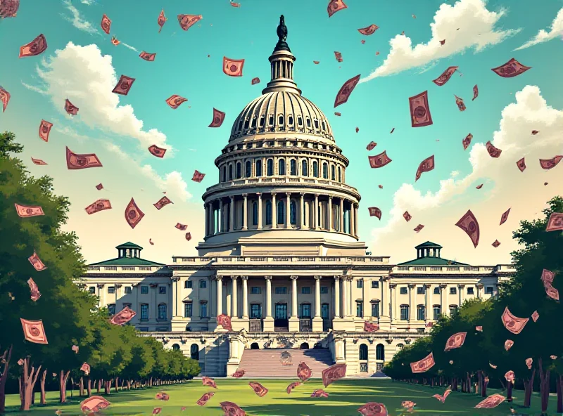 Illustration of the US Capitol Building with money falling on it, representing a spending bill and potential government shutdown.