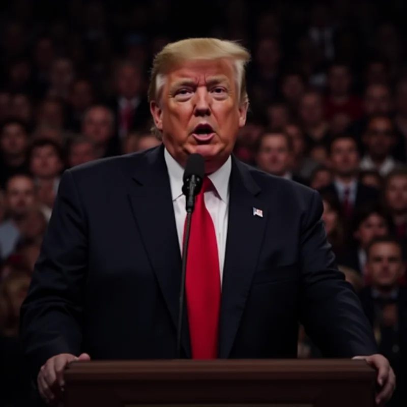 Image of Donald Trump giving a speech at a podium, looking determined and resolute.