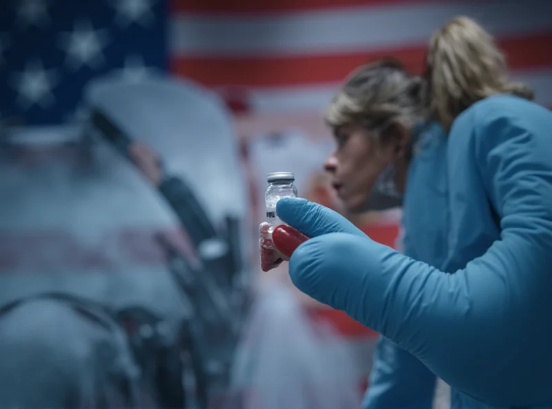 A medical professional administering a vaccine, with a subtle American flag background, symbolizing the debate around vaccine authorizations.