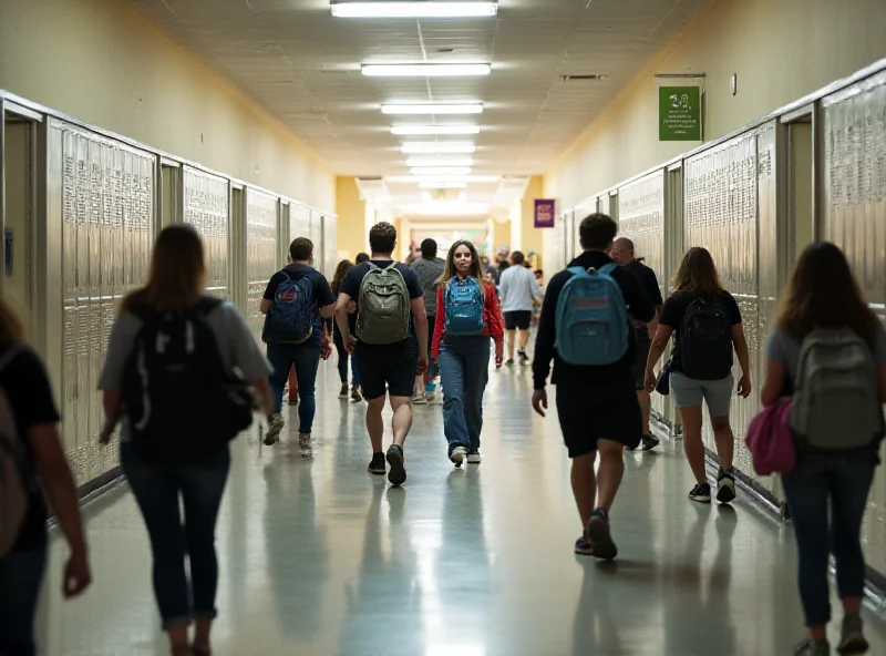 School hallway with lockers and students walking