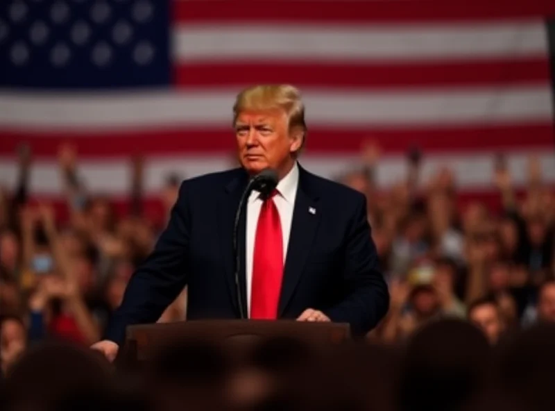 Donald Trump addressing a crowd with the US flag behind him.