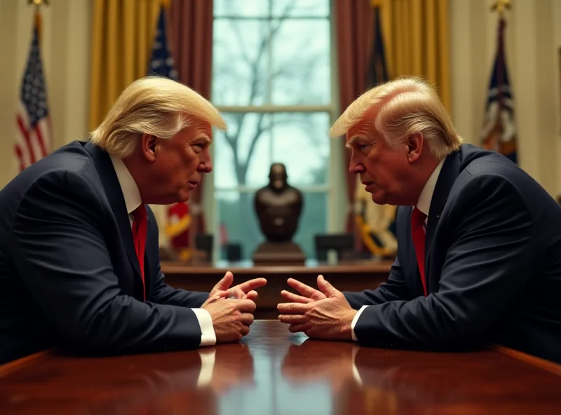 Donald Trump and Volodymyr Zelenskyy sitting across from each other at a table in the Oval Office, looking tense.