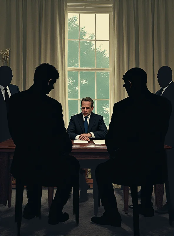 Illustration of a tense meeting in the Oval Office, with hidden figures in the background.