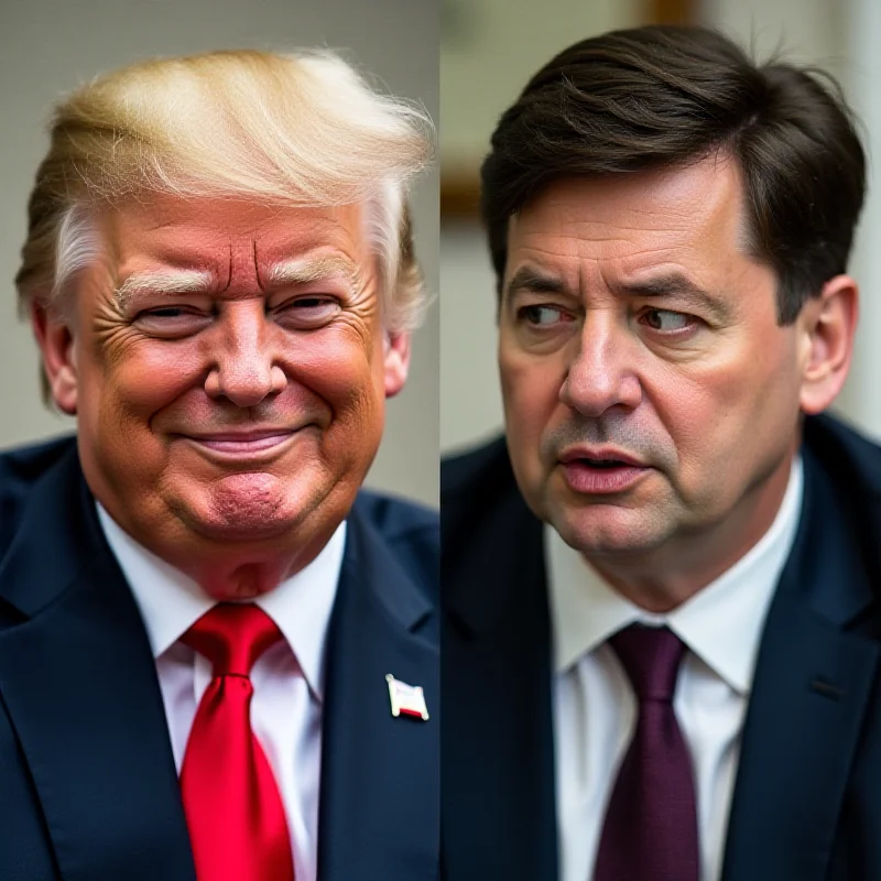 Split image: On one side, Donald Trump smiling confidently. On the other side, Volodymyr Zelensky looking concerned.