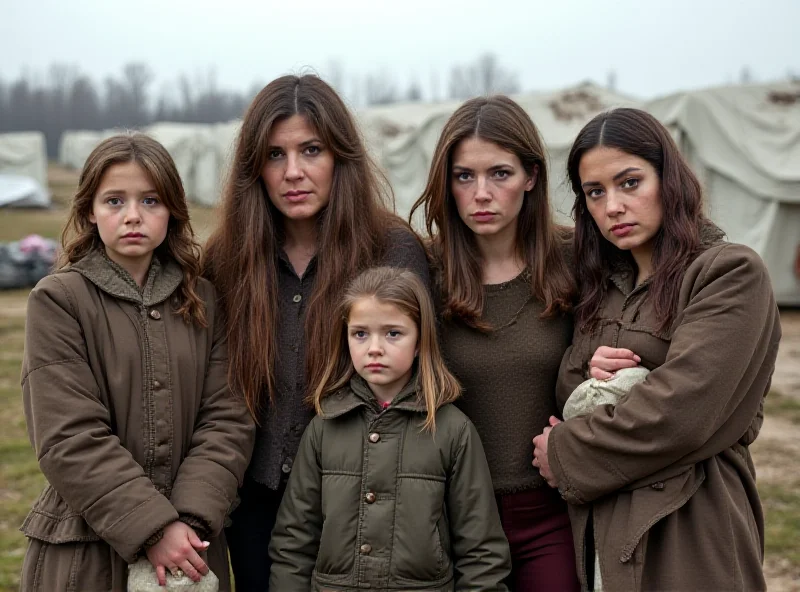 A group of Ukrainian refugees looking hopeful but concerned.