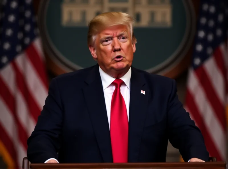 Donald Trump at a podium giving a speech about foreign policy