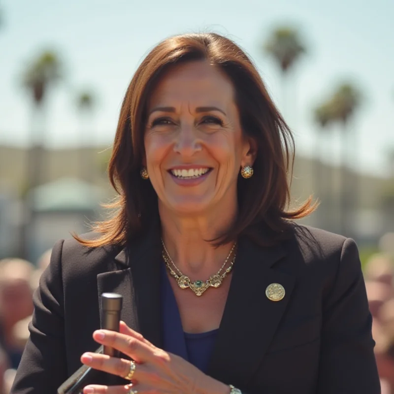 Kamala Harris smiling confidently while giving a speech in California.