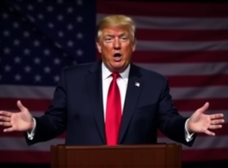 Donald Trump speaking at a podium with an American flag in the background.