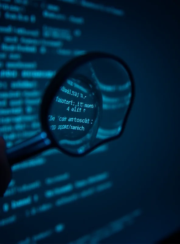 A close-up of a computer screen displaying lines of code and data, with a magnifying glass hovering over the screen.