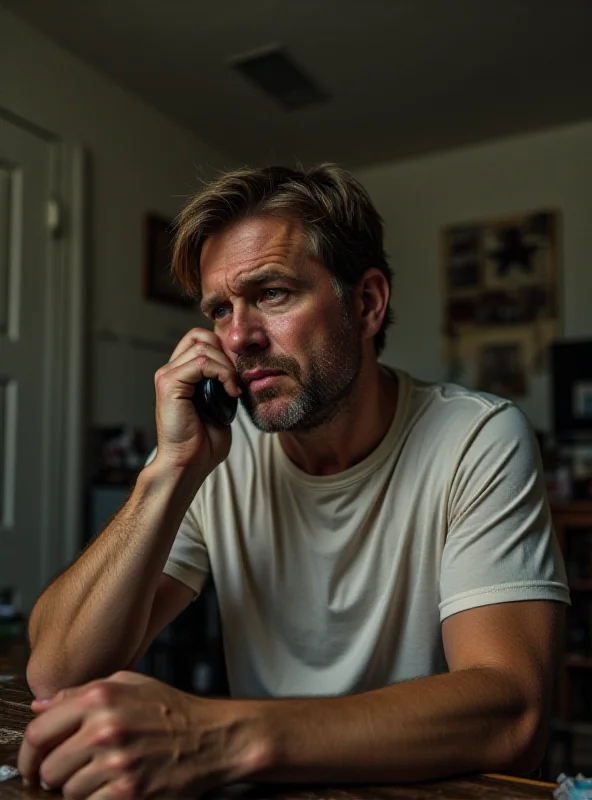 A distressed man in Florida making a 911 call, looking frustrated and angry, with a blurred background showing a typical Florida home.