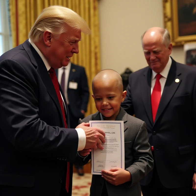 A smiling young boy, Devarjaye 'DJ' Daniel, receiving an honorary certificate from a Secret Service agent, with President Trump in the background shaking his hand.
