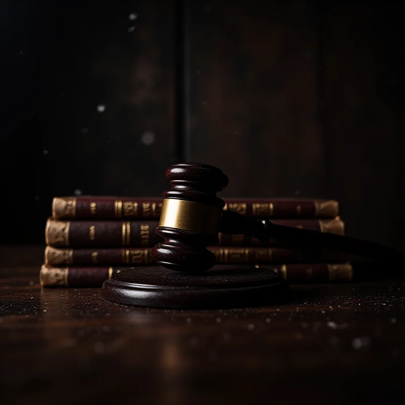Gavel resting on a stack of law books in a courtroom