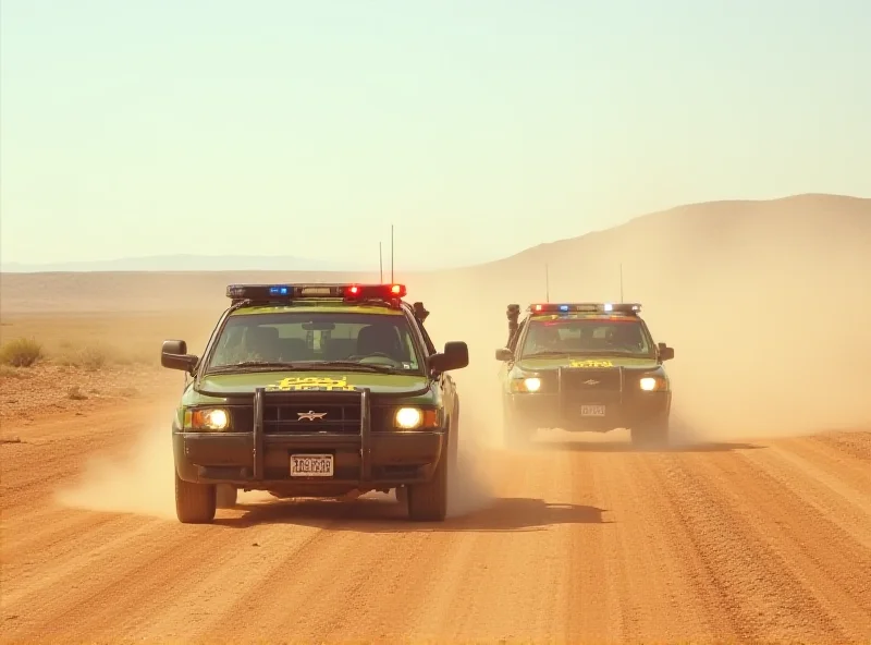 A digitally manipulated image of a Border Patrol vehicle cloned to resemble another vehicle, driving on a desert road.