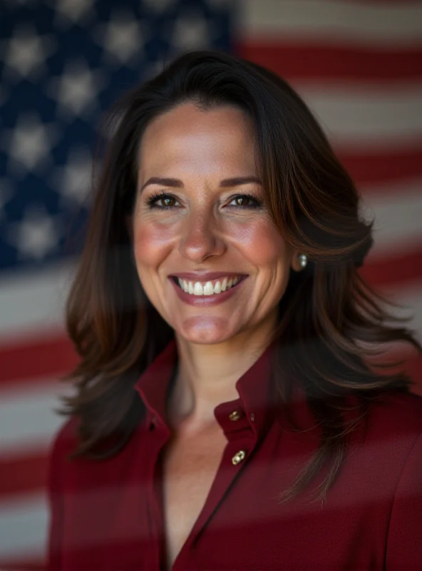 A portrait of January Littlejohn, smiling confidently, overlaid with an American flag.