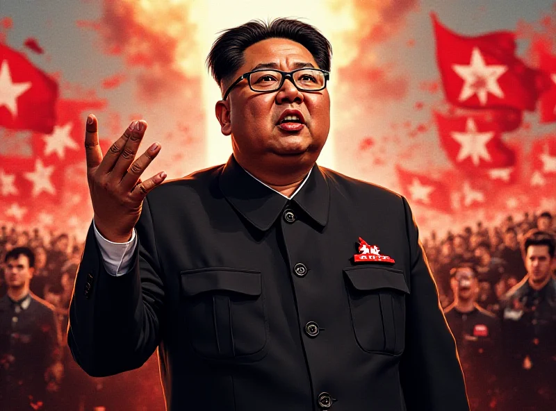 Illustration of Kim Jong-un's sister addressing a crowd, with North Korean flags waving in the background, emphasizing a strong and defiant stance against the US.