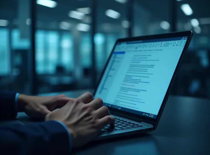 A close-up shot of an employee's hands typing on a laptop keyboard, with a blurred background of a modern office environment. The focus is on the screen, which displays an email request from the U.S. Department of Health and Human Services.