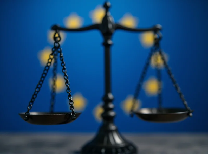 Image of the scales of justice with the European flag in the background, symbolizing the balance between freedom and law.