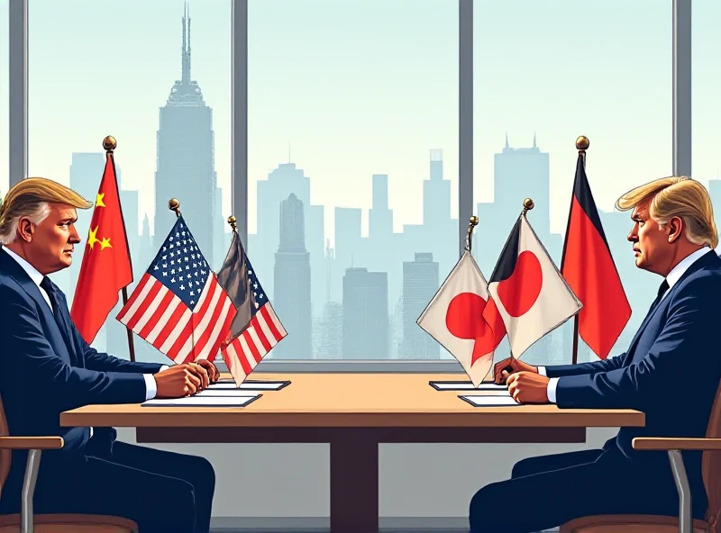 Illustration of a trade negotiation table with US and other country flags, showing tension and disagreement.