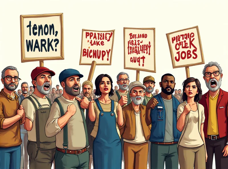 Illustration of a line of unemployed federal workers holding signs, expressing their anger and frustration.