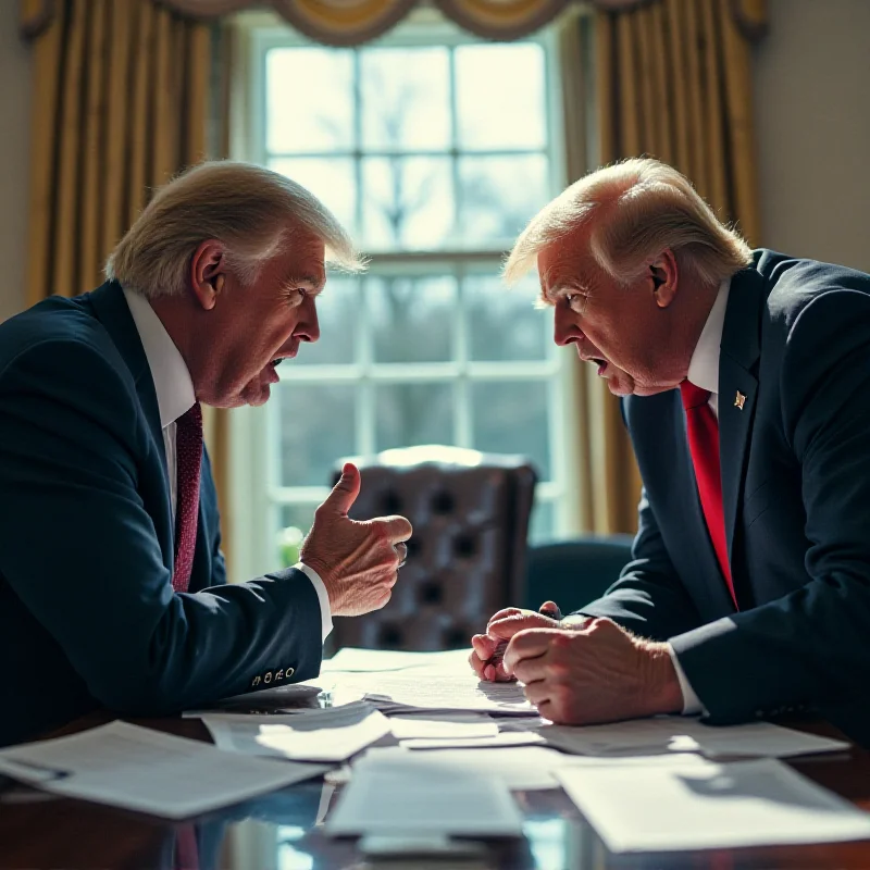 A dramatic interpretation of Trump and Zelensky arguing at the White House. The scene is tense, with papers scattered and both leaders looking angry. The Oval Office is visible in the background, slightly blurred.