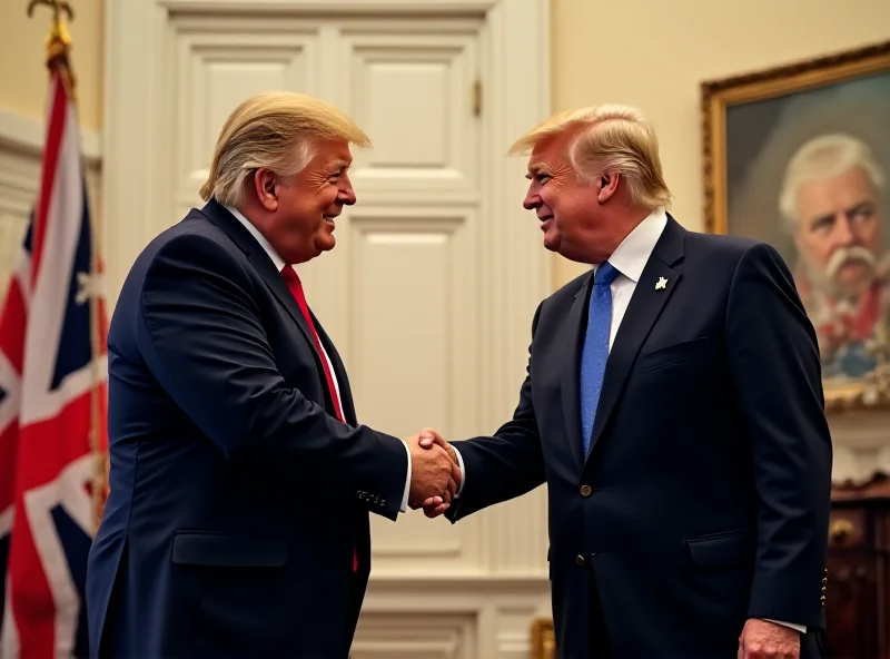 Donald Trump shaking hands with a UK Prime Minister inside the White House.