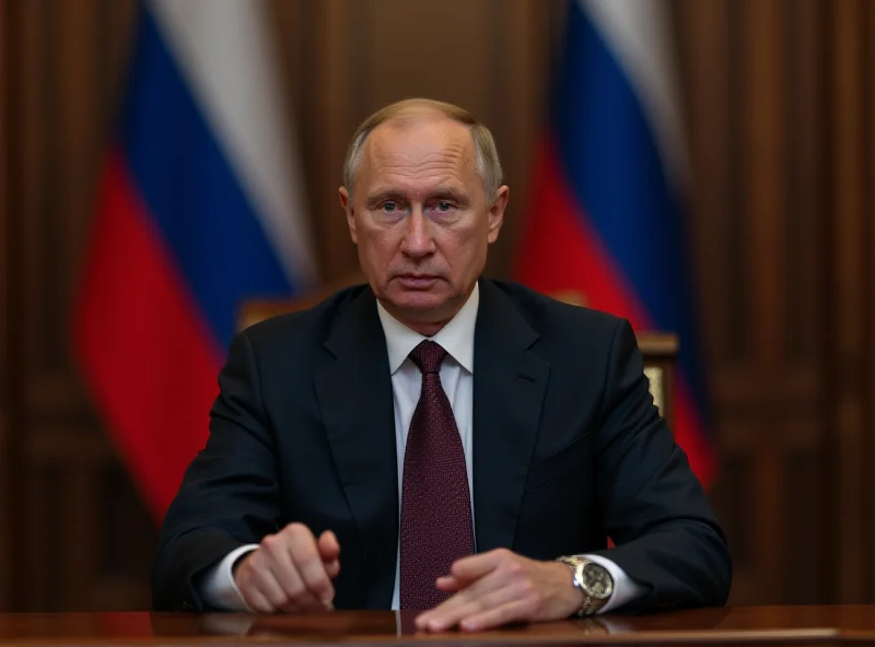 Vladimir Putin giving a speech at a large table with Russian flag in the background.