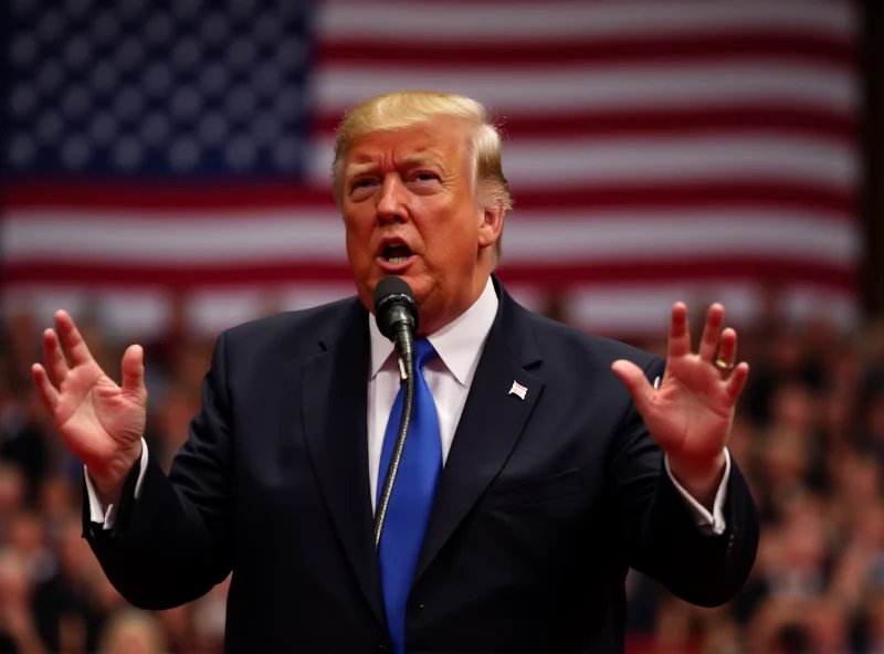 President Trump speaking at a podium with an American flag in the background.