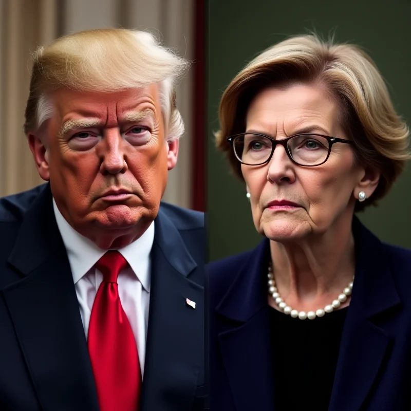A split image showing Donald Trump and Elizabeth Warren facing each other.