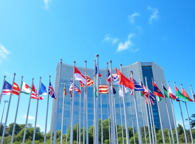 Illustration of the United Nations headquarters with flags of member countries.