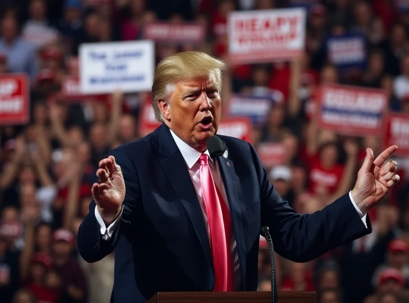 Donald Trump speaking at a rally with a crowd in the background