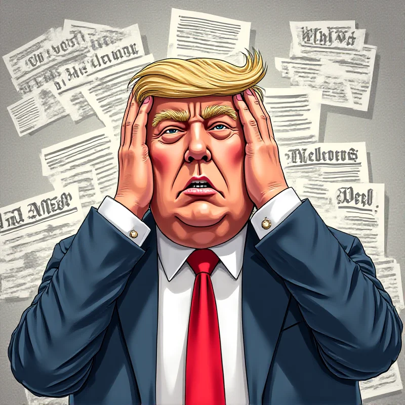 Digital artwork of Donald Trump looking stressed, surrounded by legal documents and news headlines highlighting the various challenges mentioned in the article.