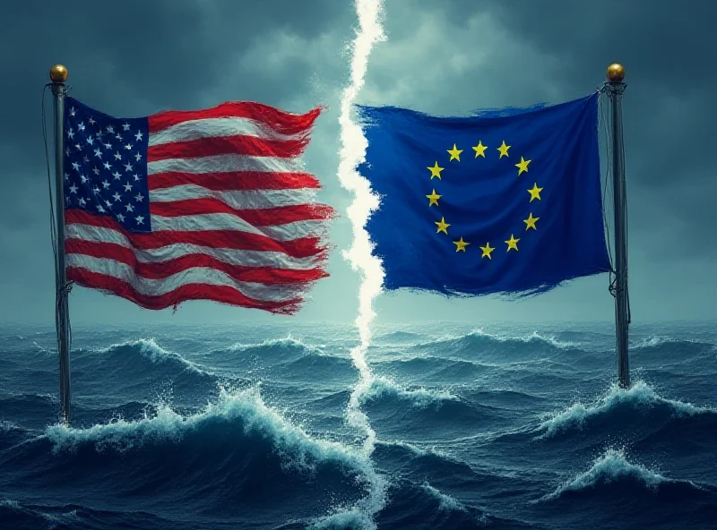 Illustration of a divided world with an American flag on one side and a European flag on the other, separated by a stormy Atlantic ocean.