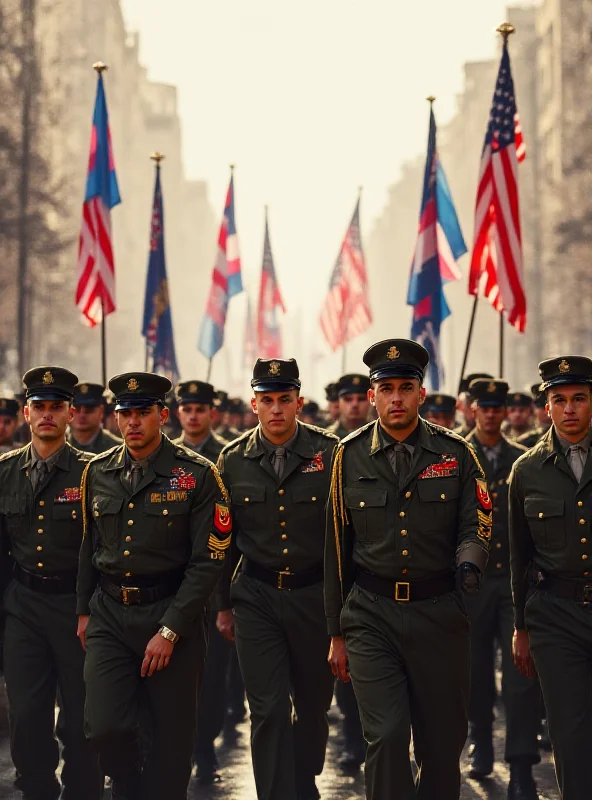 Concept art of a military parade with soldiers of diverse backgrounds marching in formation. A transgender flag is subtly incorporated into the scene.