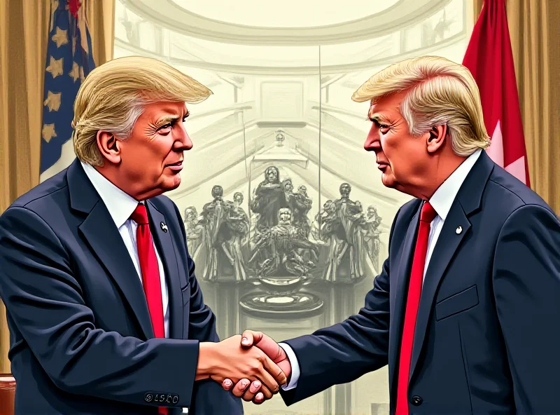 Illustration of Trump shaking hands with the leaders of Canada and Mexico, with a symbolic tariff in the background.