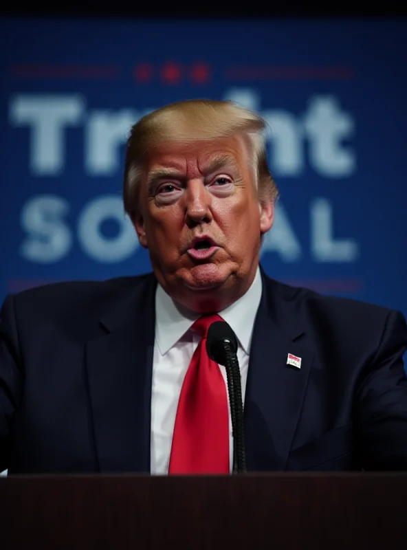 Image of Donald Trump speaking at a podium with the Truth Social logo subtly displayed in the background.