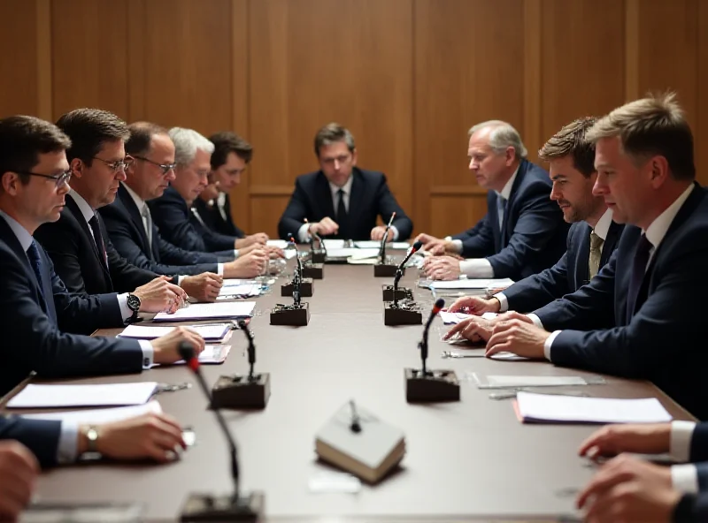 Negotiations table with delegates from different countries around it