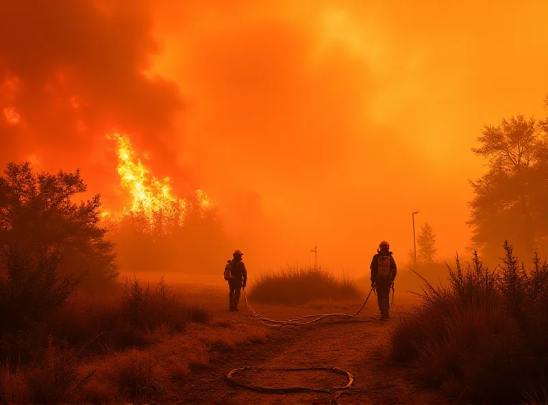 A wildfire raging in California, with smoke filling the sky and firefighters battling the flames