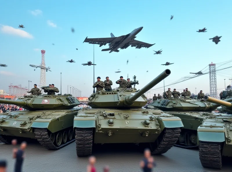 Chinese military equipment on display during a parade, symbolizing China's increased military spending.