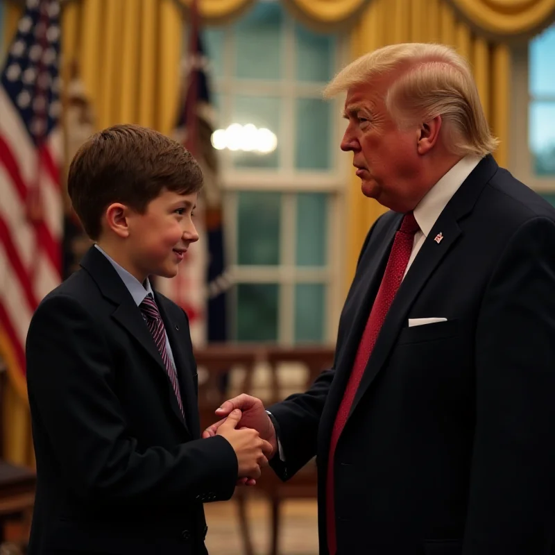 A young boy in a suit and tie shaking hands with a smiling Donald Trump in the Oval Office, with the American flag visible in the background.
