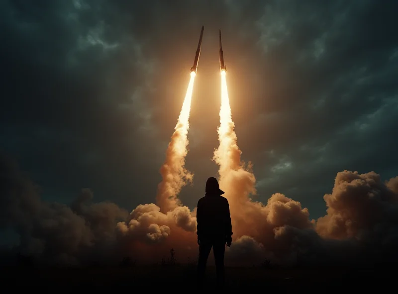 Distorted image of a missile launching with a shadowy figure in the background