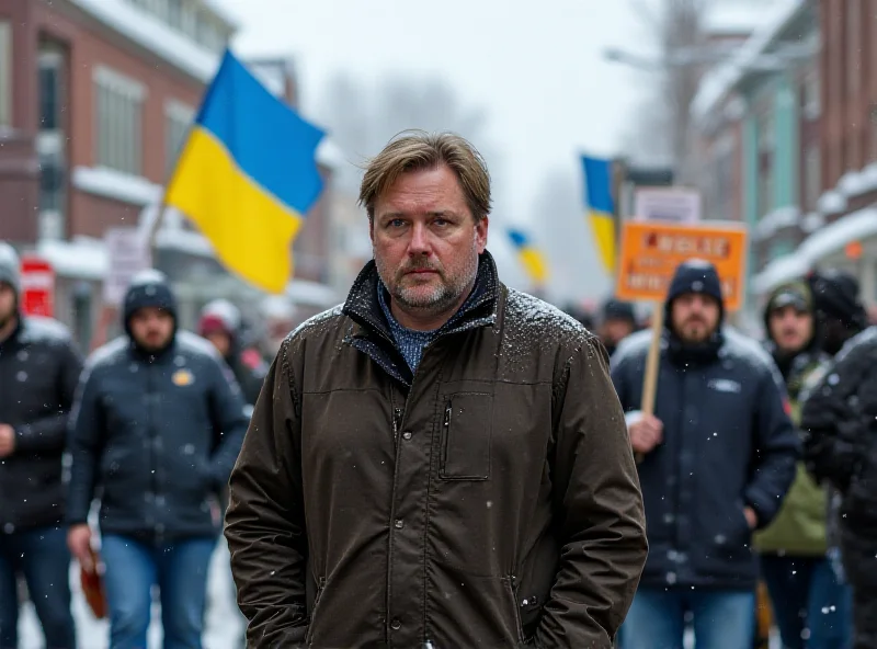 JD Vance surrounded by protesters holding pro-Ukraine signs in a snowy Vermont landscape.