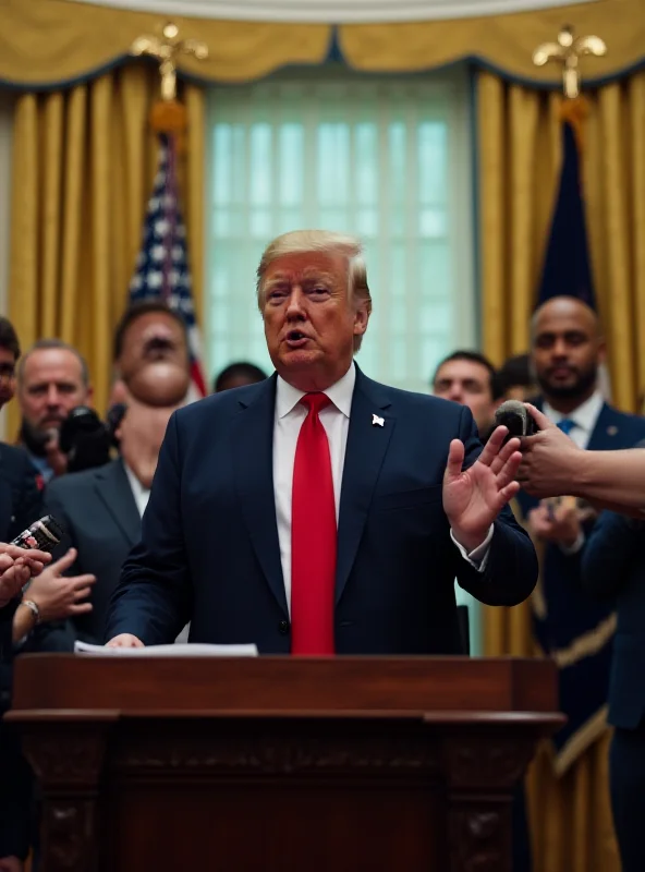 Donald Trump speaking at a podium in the Oval Office, with reporters gathered around.