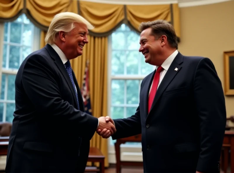 Donald Trump and Elon Musk in the Oval Office shaking hands.