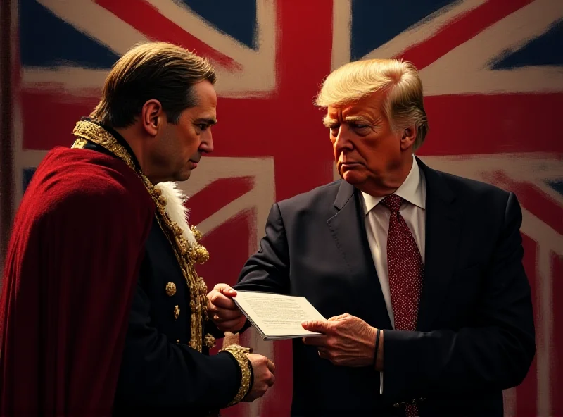 Illustration of King Charles handing a letter to Donald Trump with the Union Jack and American flags in the background.