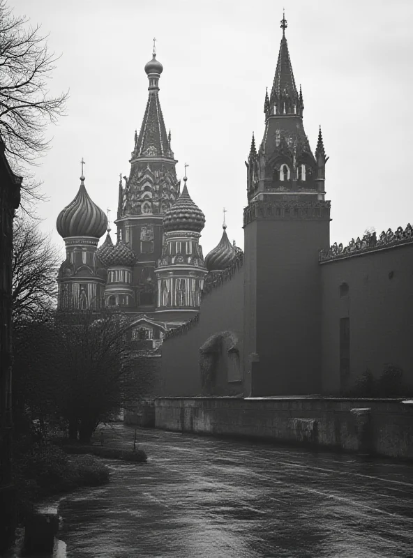 Dramatic black and white photo of the Kremlin with a subtle overlay of Donald Trump's face, symbolizing alleged KGB connections.