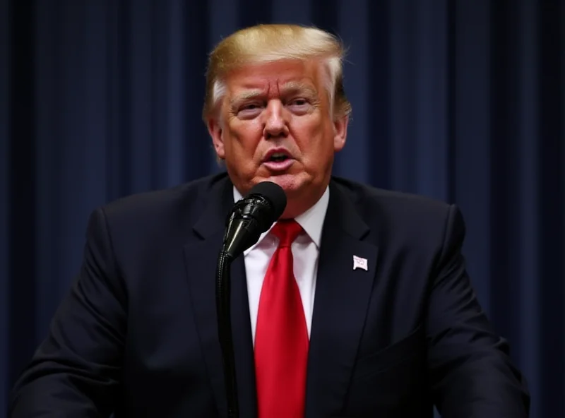 Photo of Donald Trump speaking at a podium with microphones, looking towards the audience.