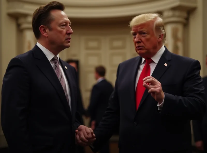 Elon Musk stands next to Donald Trump in the White House. Musk is explaining something to Trump with a serious expression. Trump listens intently.