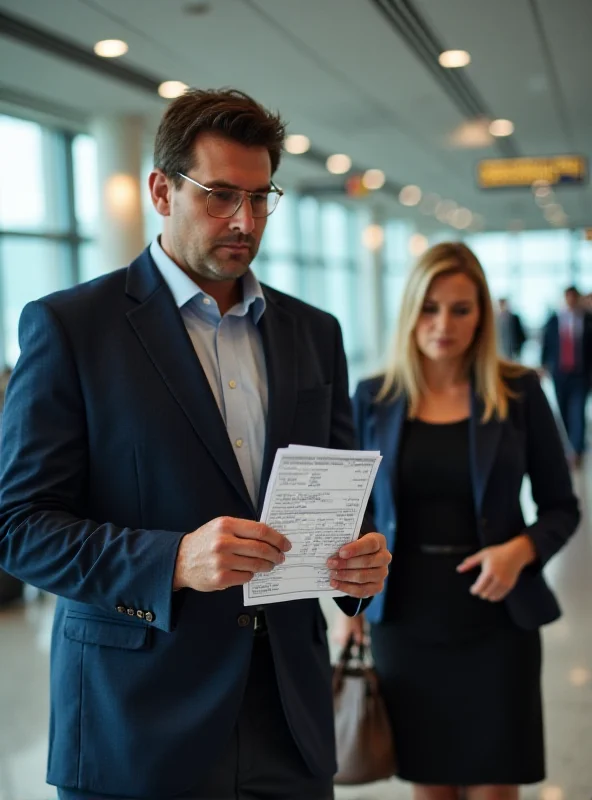 A concerned-looking man stands in an airport terminal, looking at a printed plane ticket with a skeptical expression. His wife stands beside him, equally concerned.