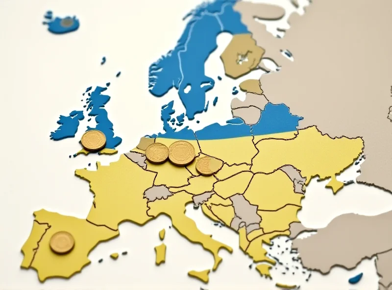 A map of Europe with the Ukrainian flag prominently displayed. Euro coins are scattered around the map, symbolizing financial aid from the European Union.