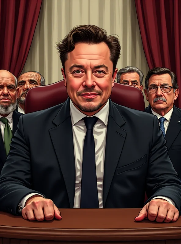 Illustration of Elon Musk sitting at a cabinet table with other U.S. government officials, looking confident and slightly disruptive.